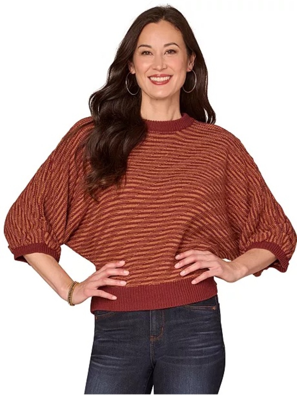 Democracy Cropped Striped Bias Stitch Dolman Blouson Sleeve Sweater MP Petite
